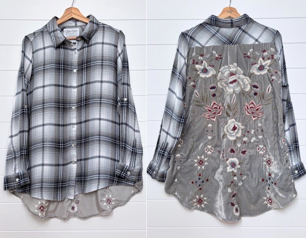 Kyla Seo Plaid Button Front Shirt M Floral Embroidered Velvet Mixed Media Tunic